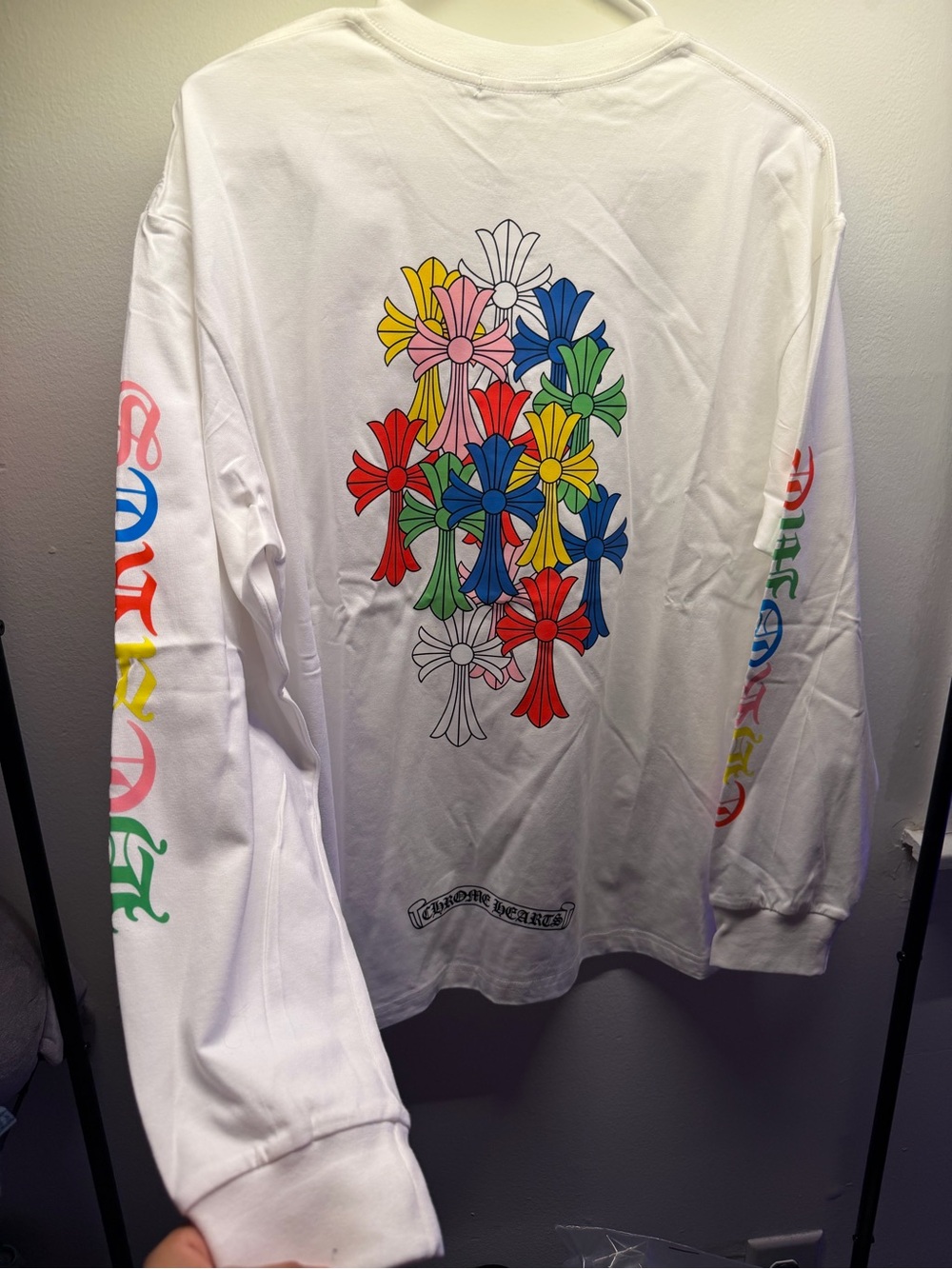 Long-Sleeve White Tee with Multicolor Floral Cross Print